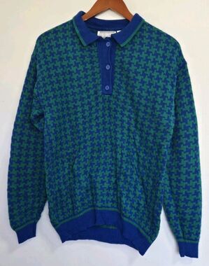 Vintage Stefano Sweater Mens M 90s Geometric Knit Blue Green Collared Preppy